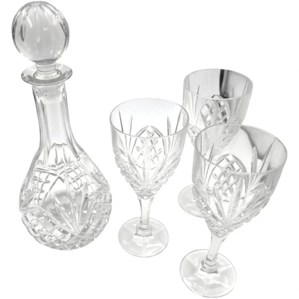 Galway Irish‎ Crystal Decanter and 3 Wine Glasses Set Clear Cut Glass Barware